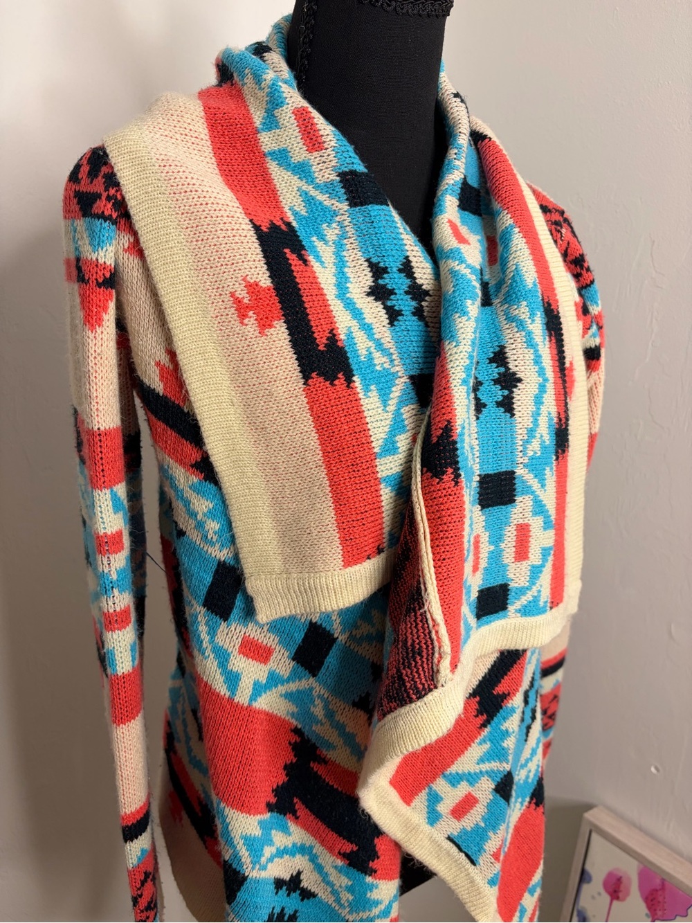 Moon Collection Tribal Open-Front Cardigan - Cream, Coral & Turquoise